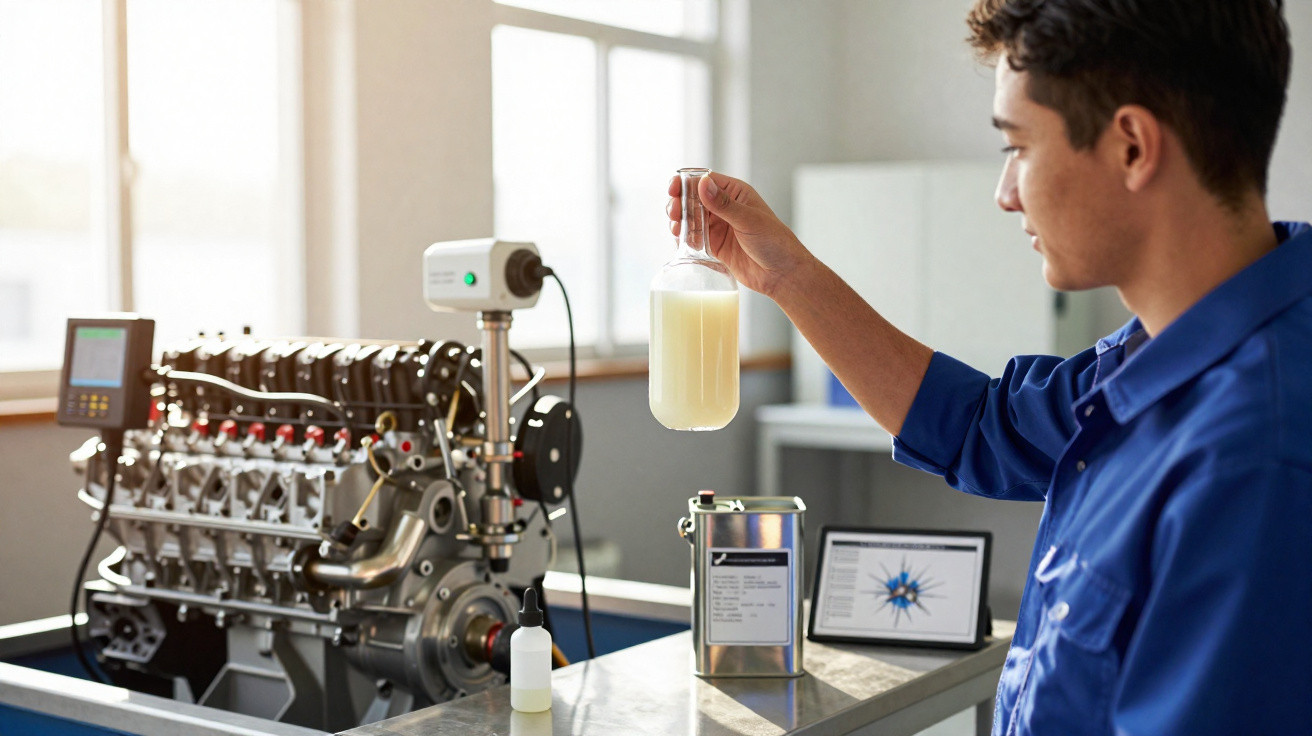 Homem segurando frasco com líquido em laboratório ao lado de motor e equipamentos tecnológicos.