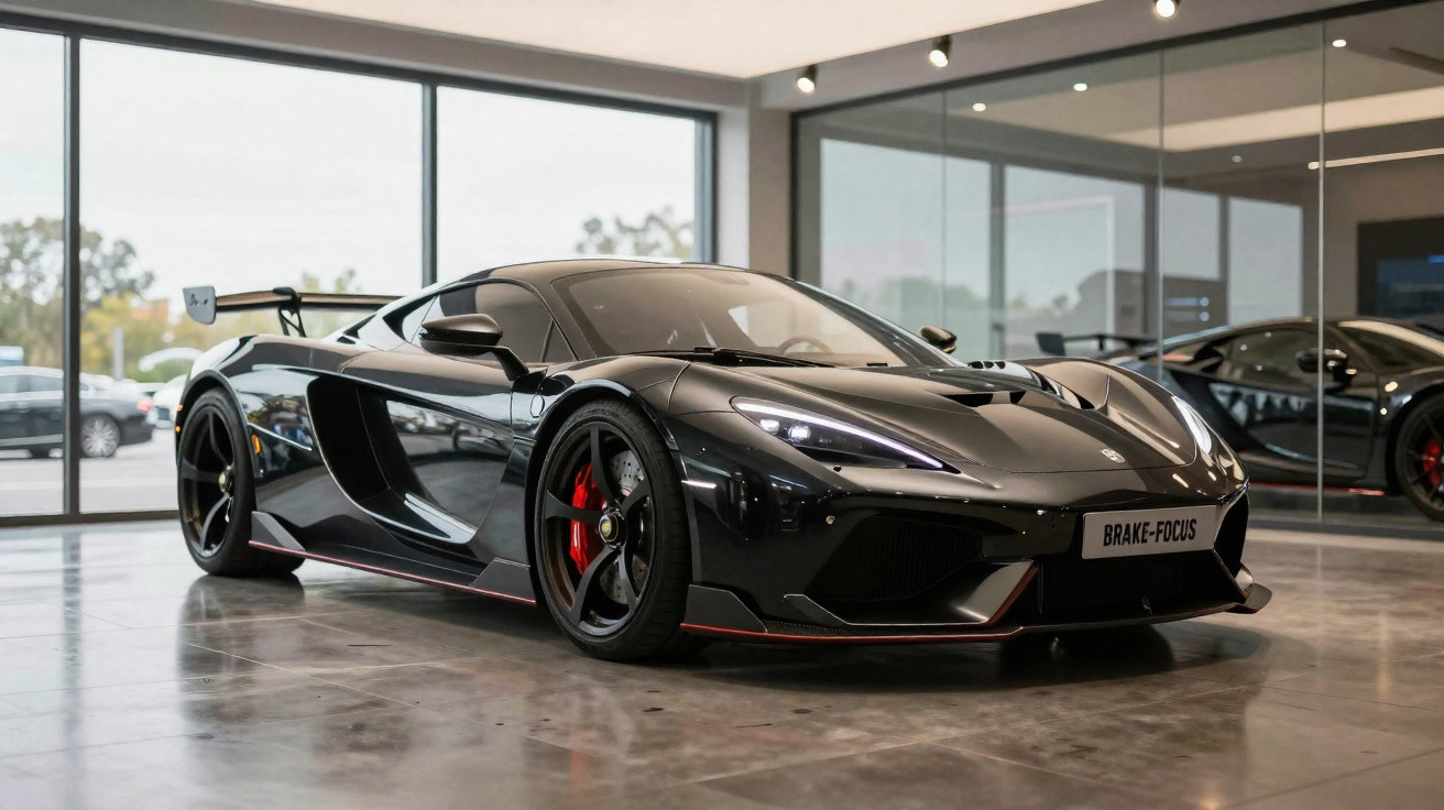 Carro esportivo preto brilhante com aerofólio traseiro em showroom moderno com piso de concreto polido.