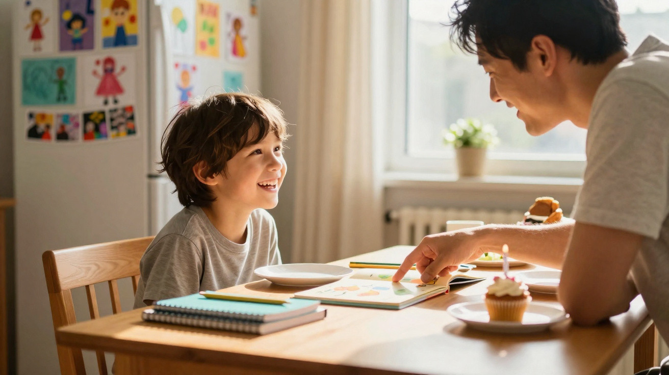 Criança sorrindo enquanto adulto lê livro em mesa com cupcake de aniversário e cadernos em ambiente iluminado.