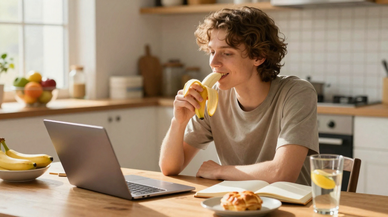 Jovem sentado à mesa na cozinha, comendo uma banana e olhando para o laptop à sua frente.