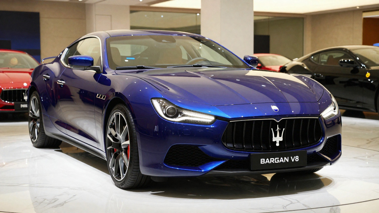Carro esportivo azul Maserati BARGAN V8 exposto em ambiente interno sofisticado.