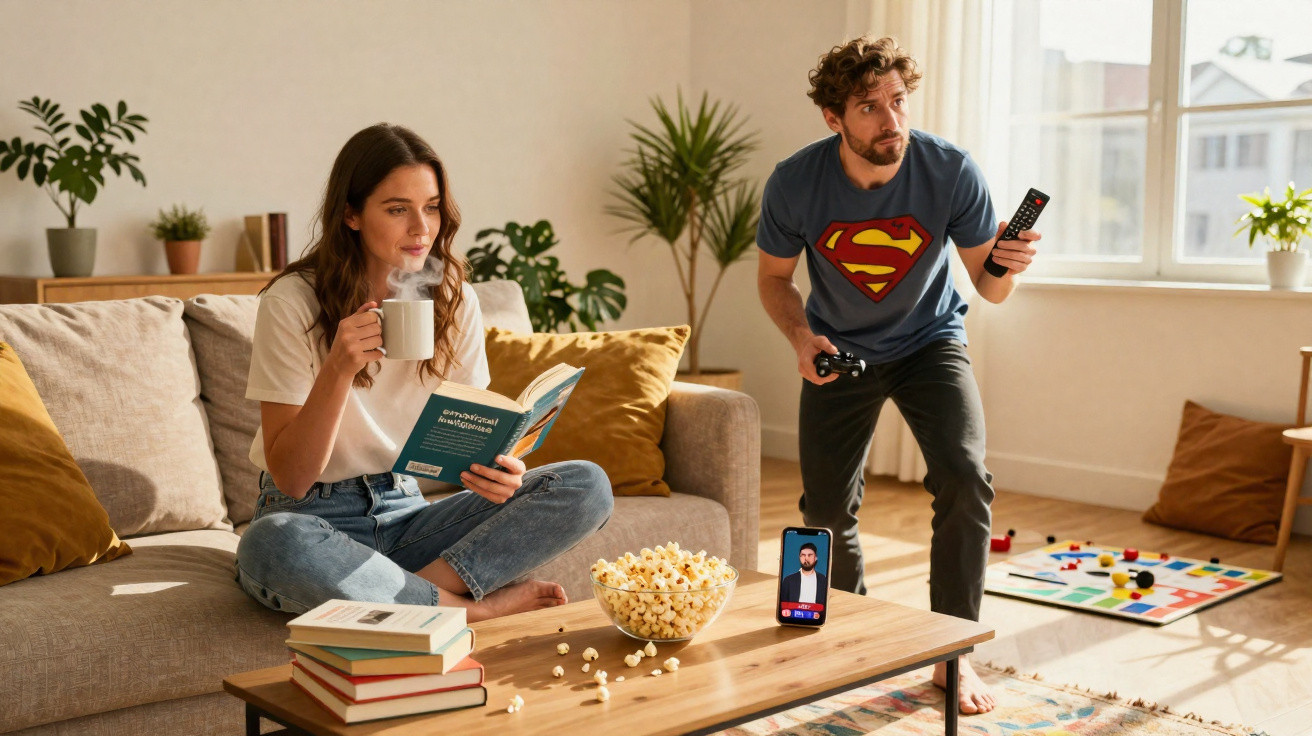 Mulher lendo livro e tomando café no sofá, homem jogando videogame e celular com chamada em vídeo na mesa.