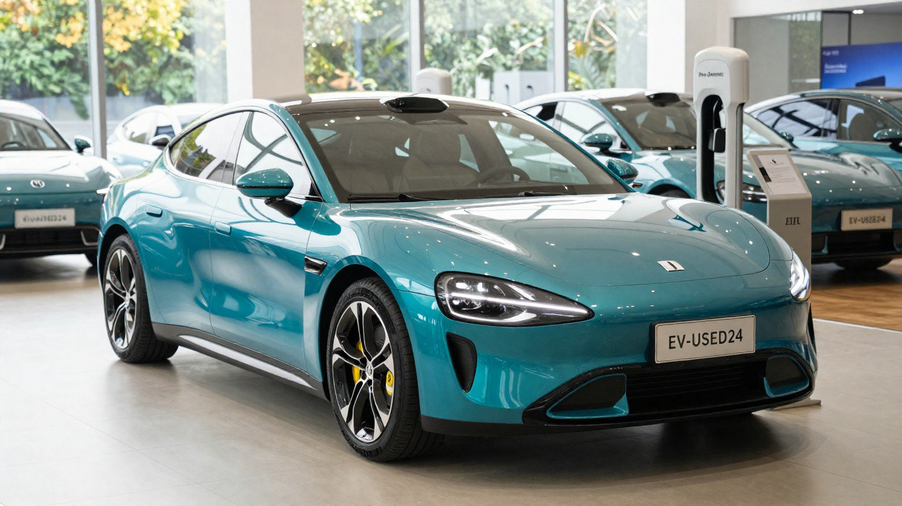 Carro elétrico azul moderno estacionado em showroom, próximo a ponto de recarga e outros veículos.