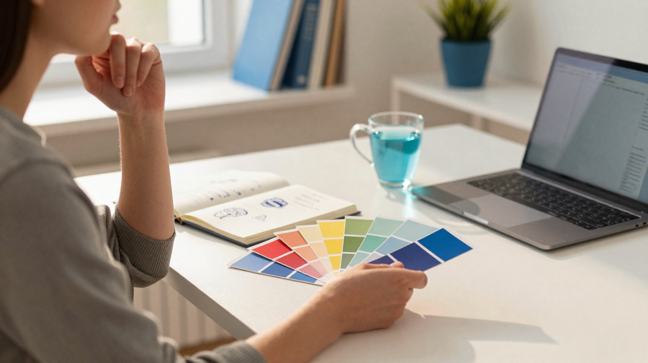 Pessoa analisando paleta de cores em tons variados junto a laptop e caderno em mesa branca iluminada pela luz natural.