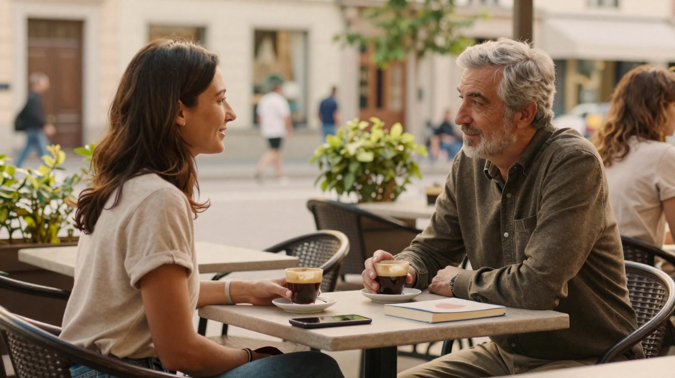 Homem e mulher conversam tomando café em mesa ao ar livre de cafeteria na cidade.