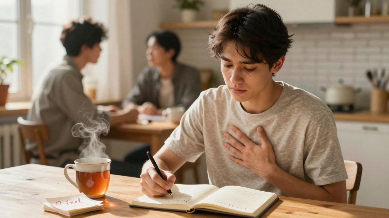 Pessoa jovem escreve em caderno com lágrima no rosto, segurando o peito, enquanto duas pessoas conversam ao fundo.
