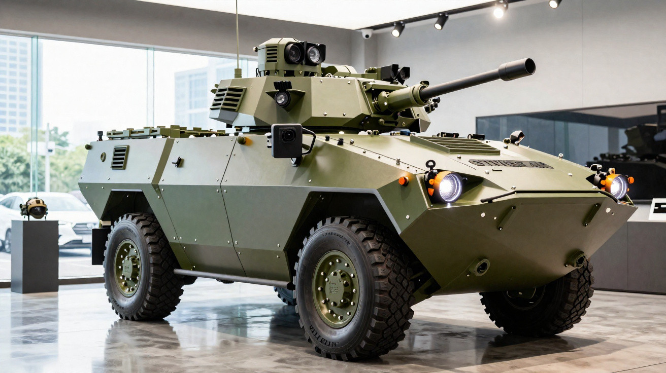 Veículo blindado militar verde em exposição interna com rodas grandes e canhão frontal.