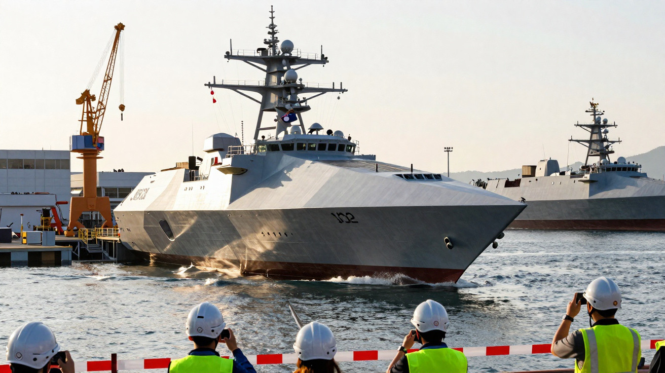 Navio militar cinza atracado no porto com pessoas de colete e capacete observando e fotografando.