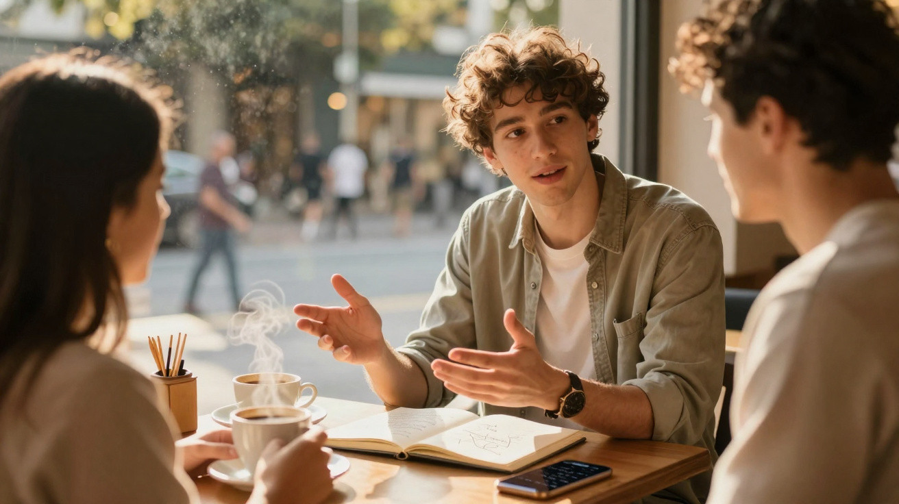 Três jovens conversando animadamente em uma cafeteria, com xícaras de café e caderno à mesa.