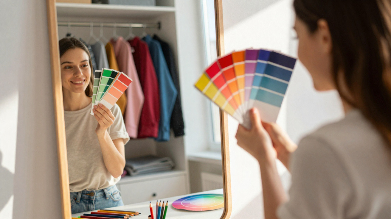 Mulher em frente ao espelho segurando paletas de cores para escolher tons de roupas ou decoração.