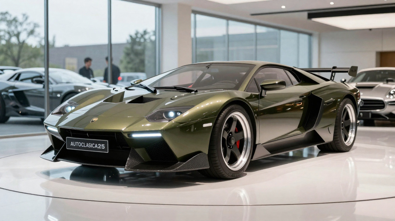 Carro esportivo Lamborghini verde metálico exposto em salão de automóveis moderno e iluminado.