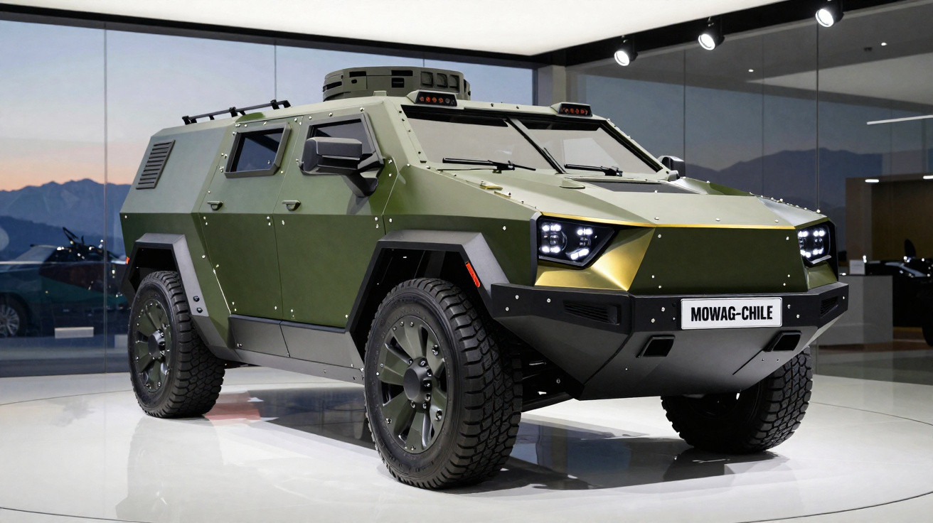 Veículo blindado militar verde oliva com design angular em exibição interna, placa "MOWAG-CHILE".