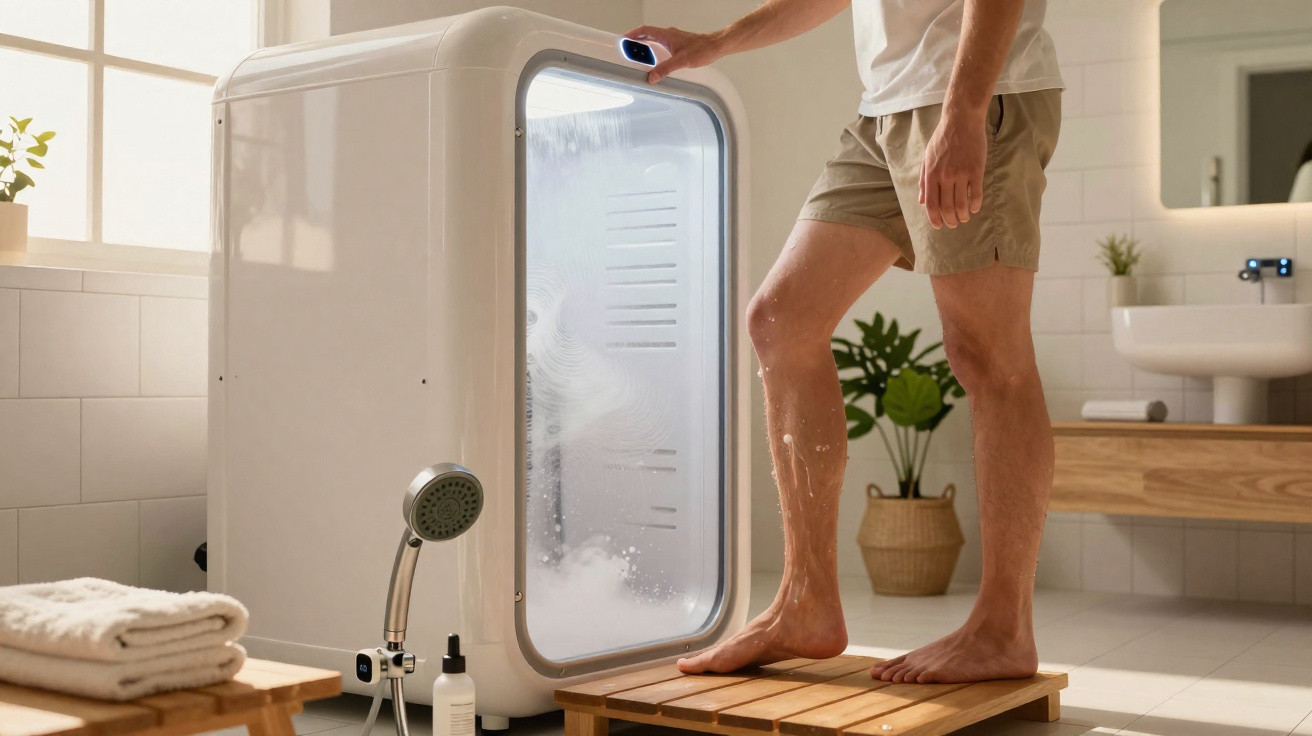 Pessoa usando dispositivo de crioterapia localizada em ambiente de banheiro moderno e iluminado.
