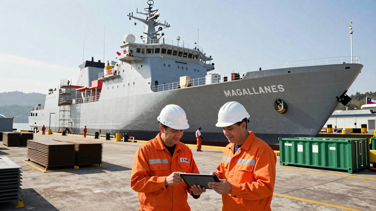 Dois homens com uniforme laranja e capacetes brancos checam tablet em doca com navio Magallanes ao fundo.