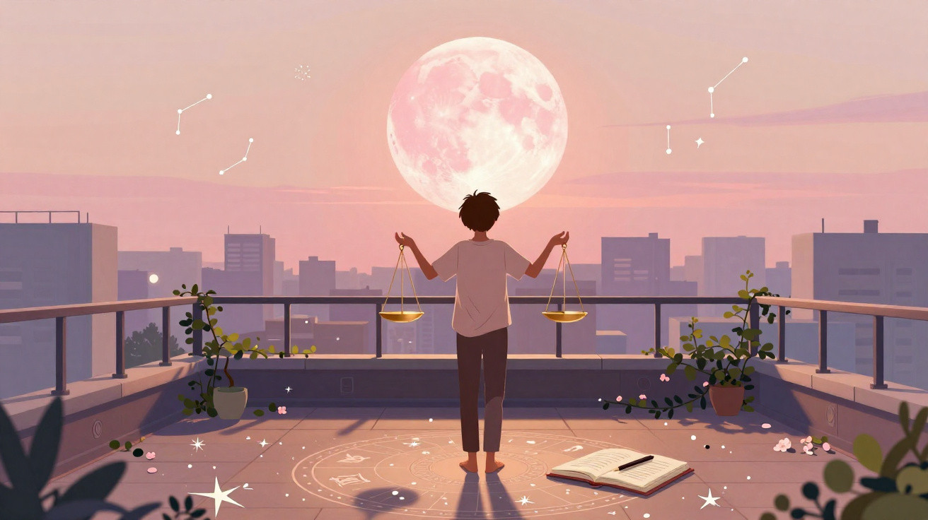 Pessoa segurando balanças em varanda ao pôr do sol com lua grande e constelações no céu.