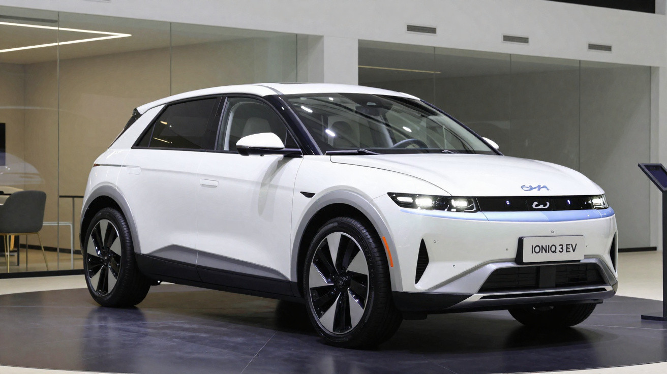 Carro elétrico branco Hyundai Ioniq 3 EV estacionado em ambiente interno moderno.