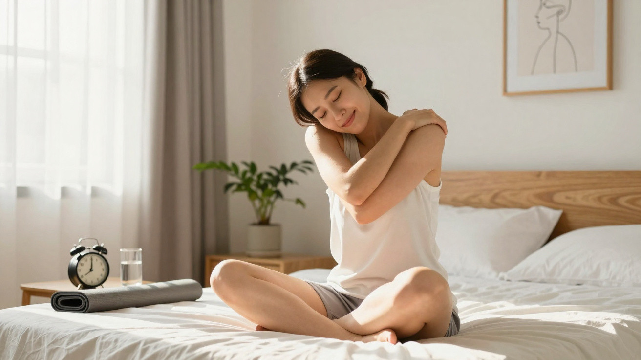 Mulher sentada na cama num quarto iluminado, abraçando os ombros e com olhar sereno, ao lado de relógio e tapete.