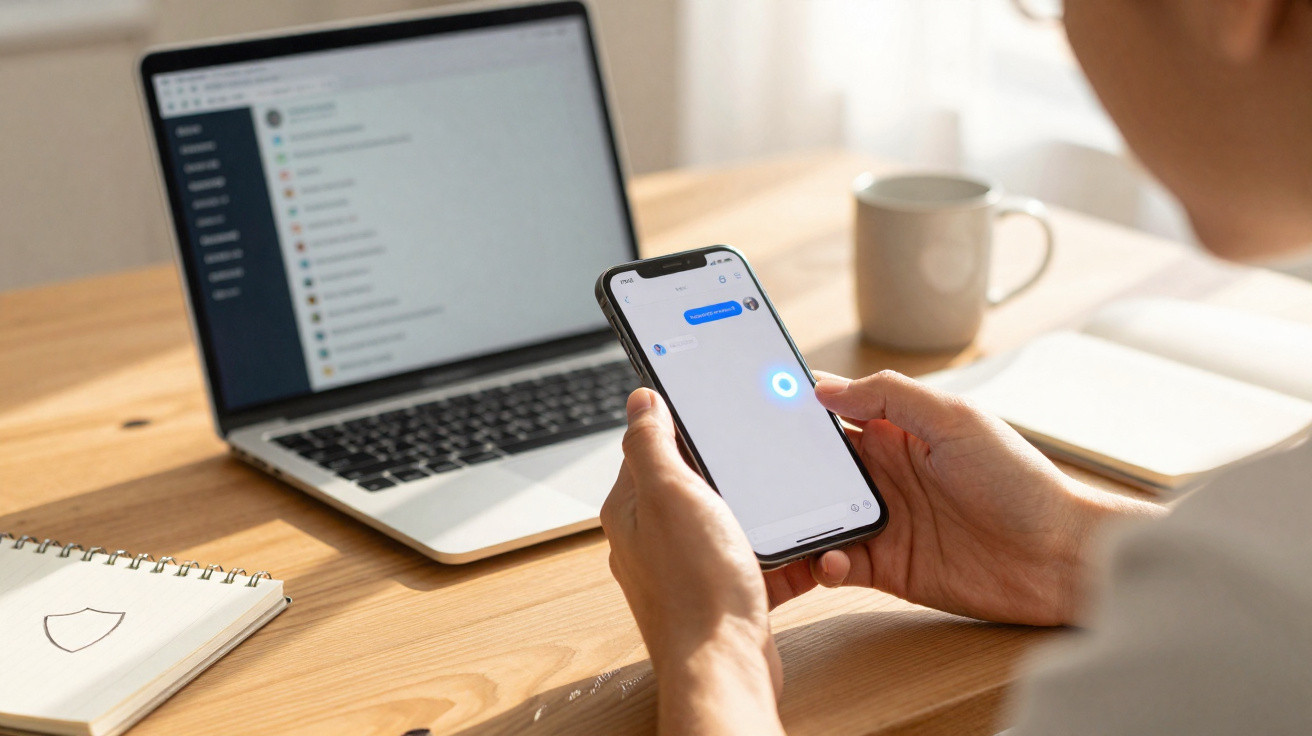 Pessoa segurando smartphone com mensagem aberta, computador e caneca em mesa de madeira.