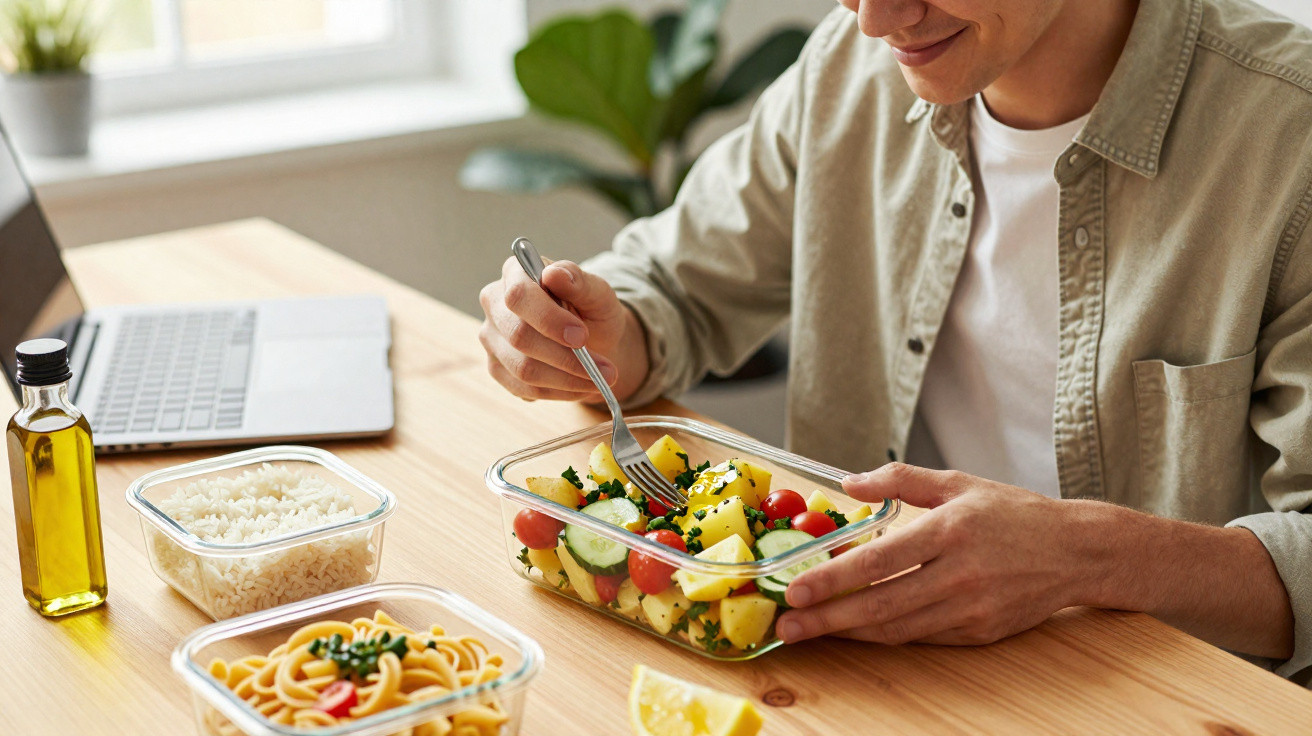 Homem sorridente comendo salada saudável em recipiente de vidro, com massas, arroz e azeite na mesa.