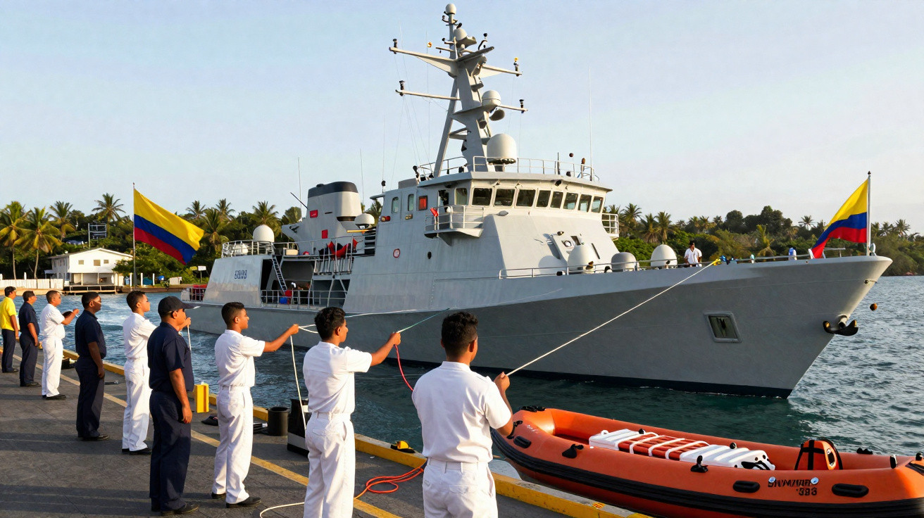 Marinheiros seguram cordas no cais enquanto navio da marinha colombiana está atracado, com bandeiras ao vento.