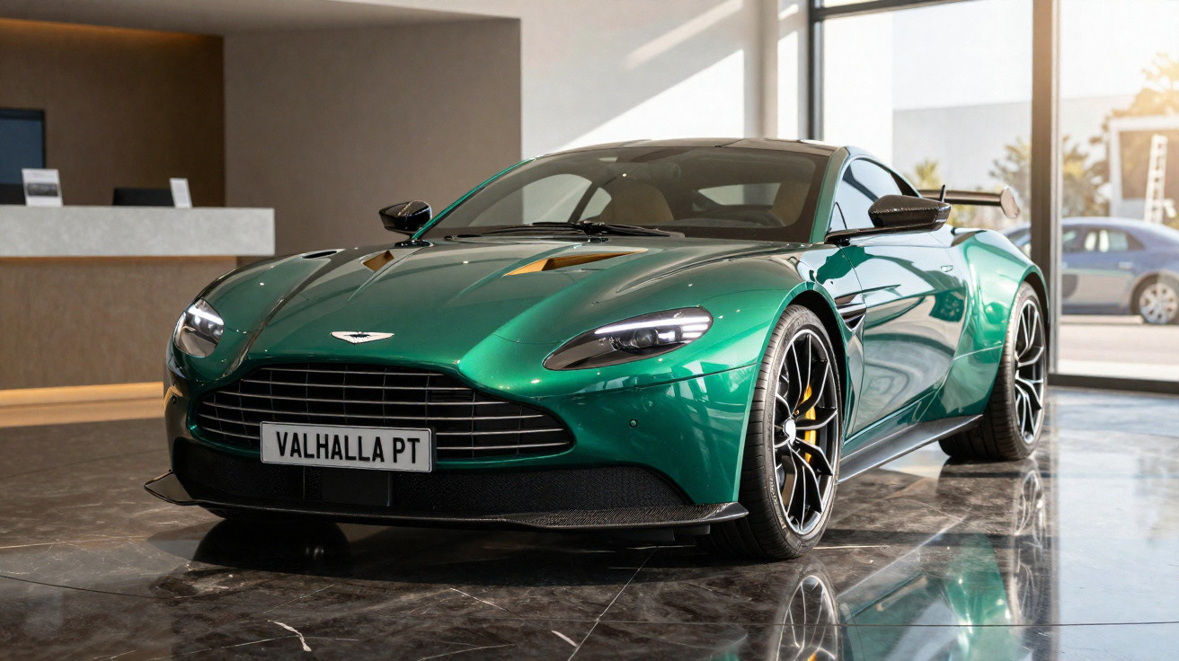 Carro esportivo Aston Martin verde metálico estacionado em showroom com piso de mármore.