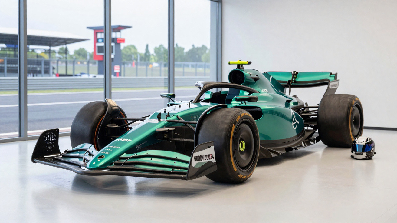 Carro de Fórmula 1 verde em exibição dentro de uma garagem com piso branco e capacete ao lado.