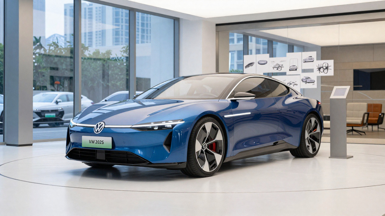 Carro elétrico azul Volkswagen VW 2025 exibido em showroom moderno com janelas grandes.