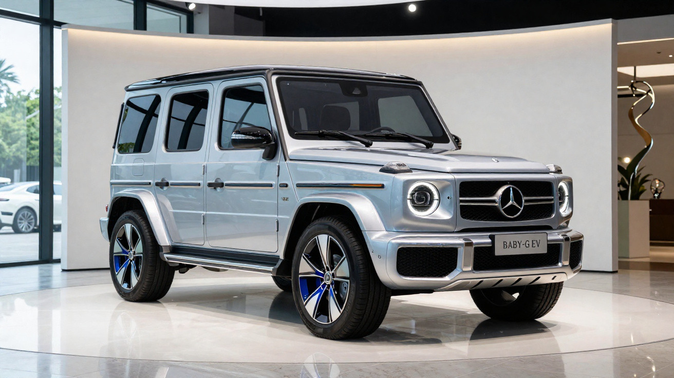 Mercedes-Benz G-Class prata de cinco portas em showroom moderno com rodas azuis destacadas.
