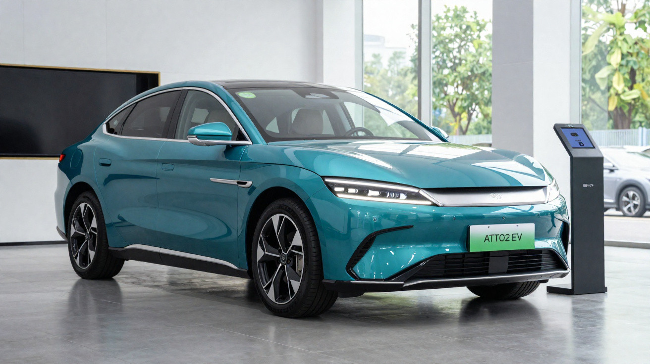 Carro elétrico azul em exibição em ambiente interno com estação de carregamento ao lado direito.