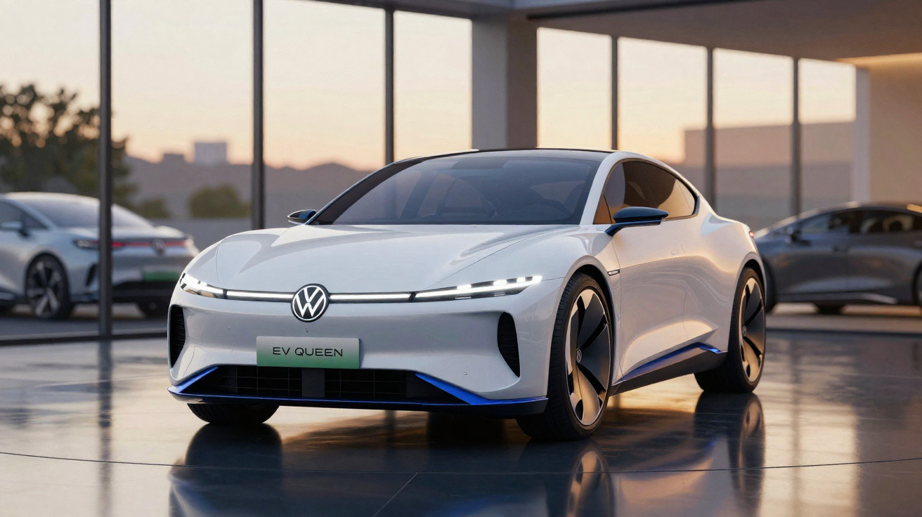 Carro elétrico branco Volkswagen EV Queen em ambiente moderno com luz natural e reflexo no chão.