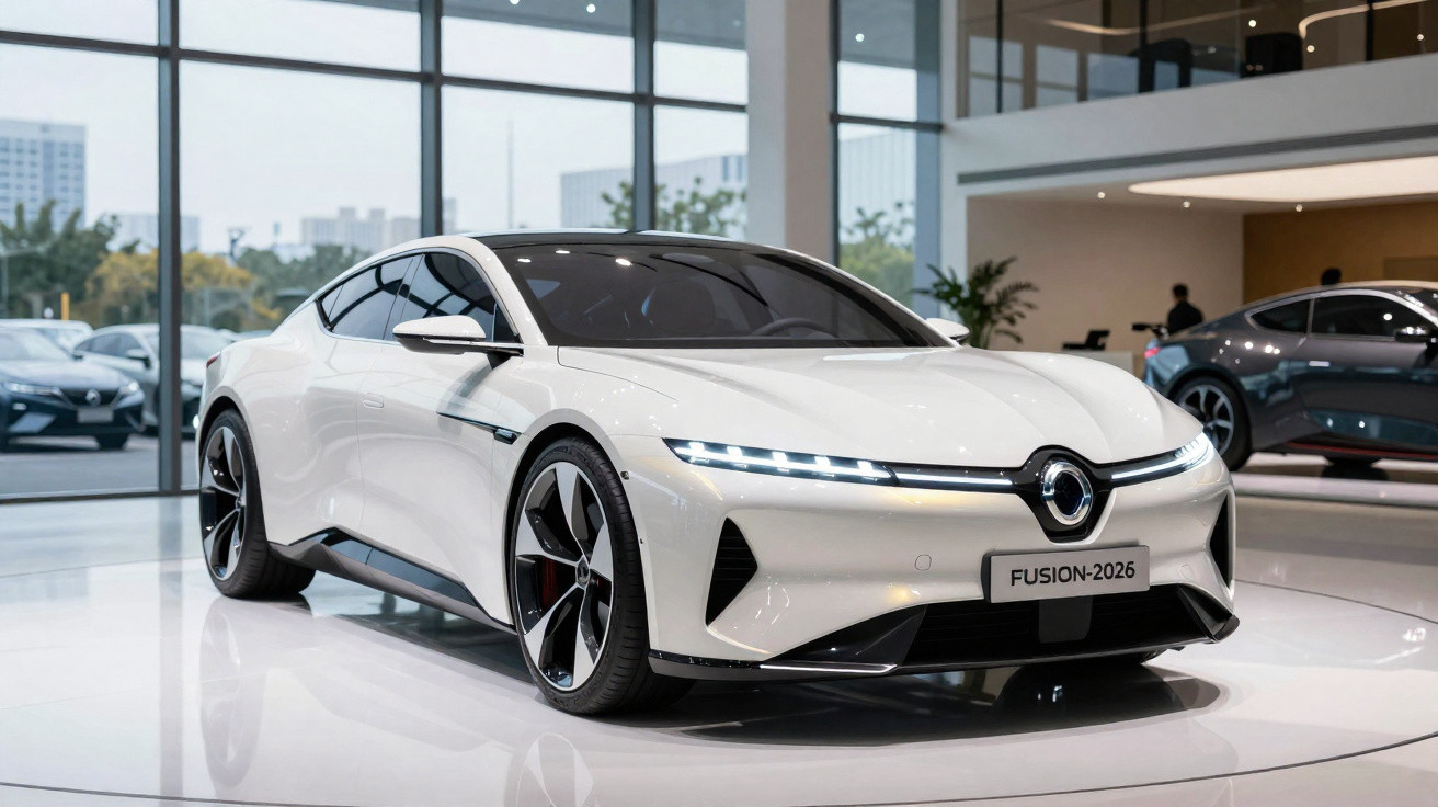 Carro elétrico branco futurista, modelo Fusion-2026, exibido em salão moderno com iluminação natural.