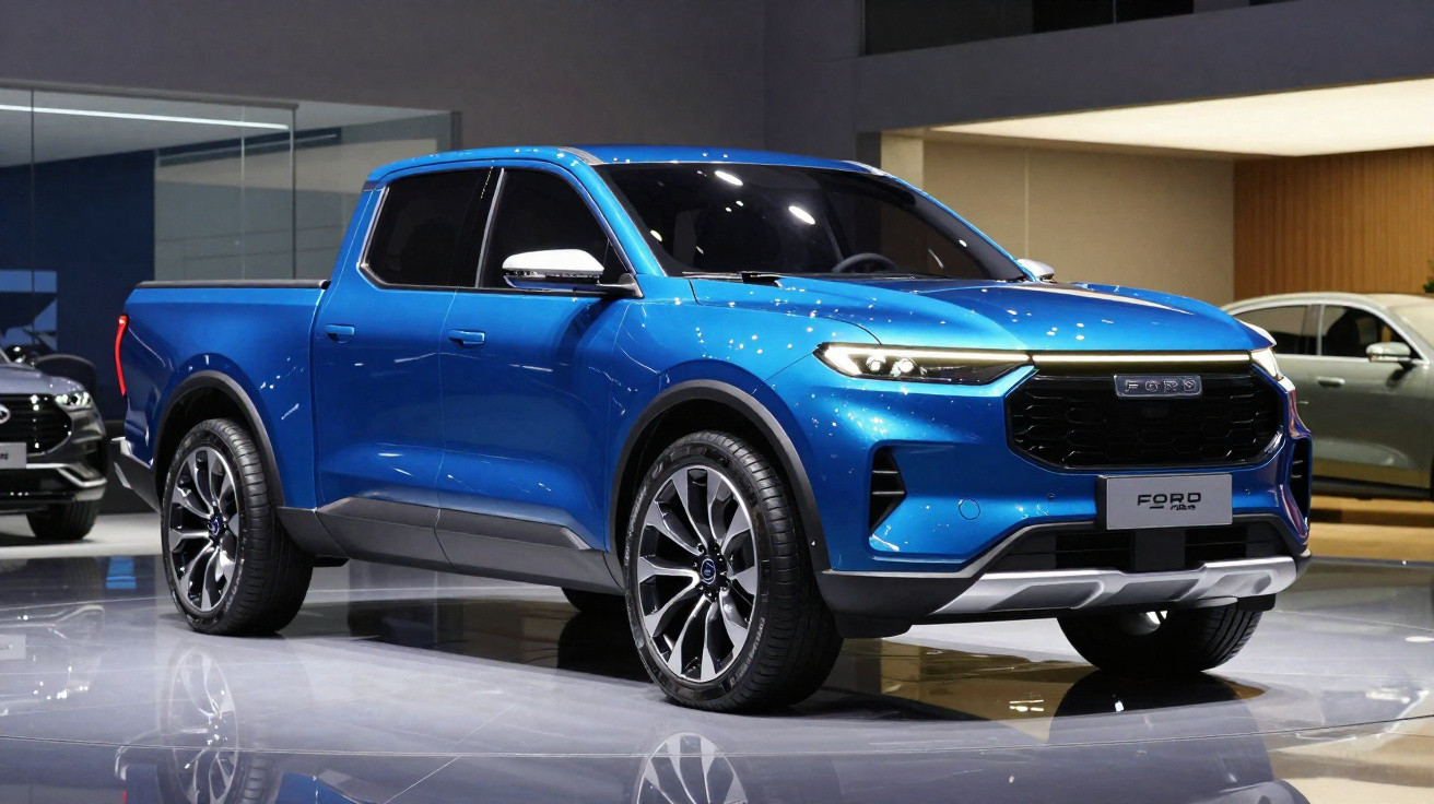 Picape elétrica azul Ford F-150 Lightning exibida em salão de veículos.