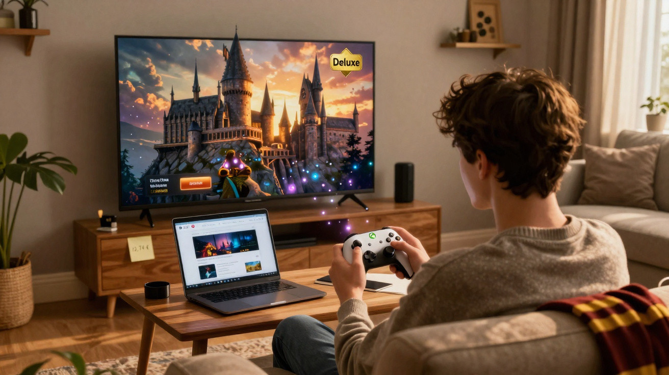 Jovem jogando videogame com controle, tela mostra castelo e laptop aberto em mesa de centro na sala.