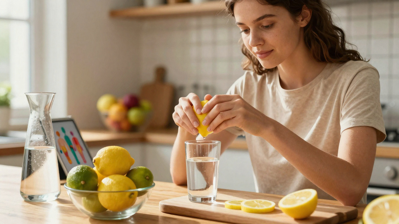 Mulher espremendo limão em um copo com água na cozinha, com frutas em uma tigela à frente.