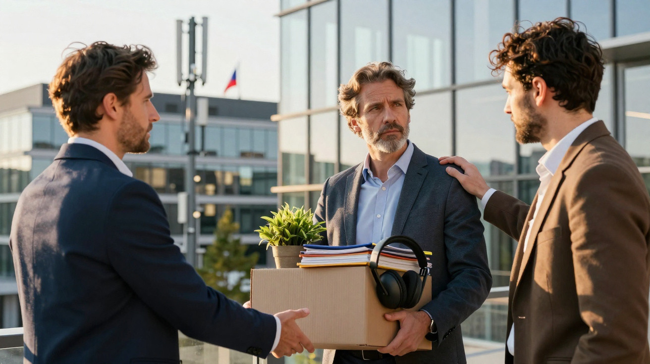 Homem segurando caixa com pertences, sendo apoiado por colegas em ambiente corporativo externo.