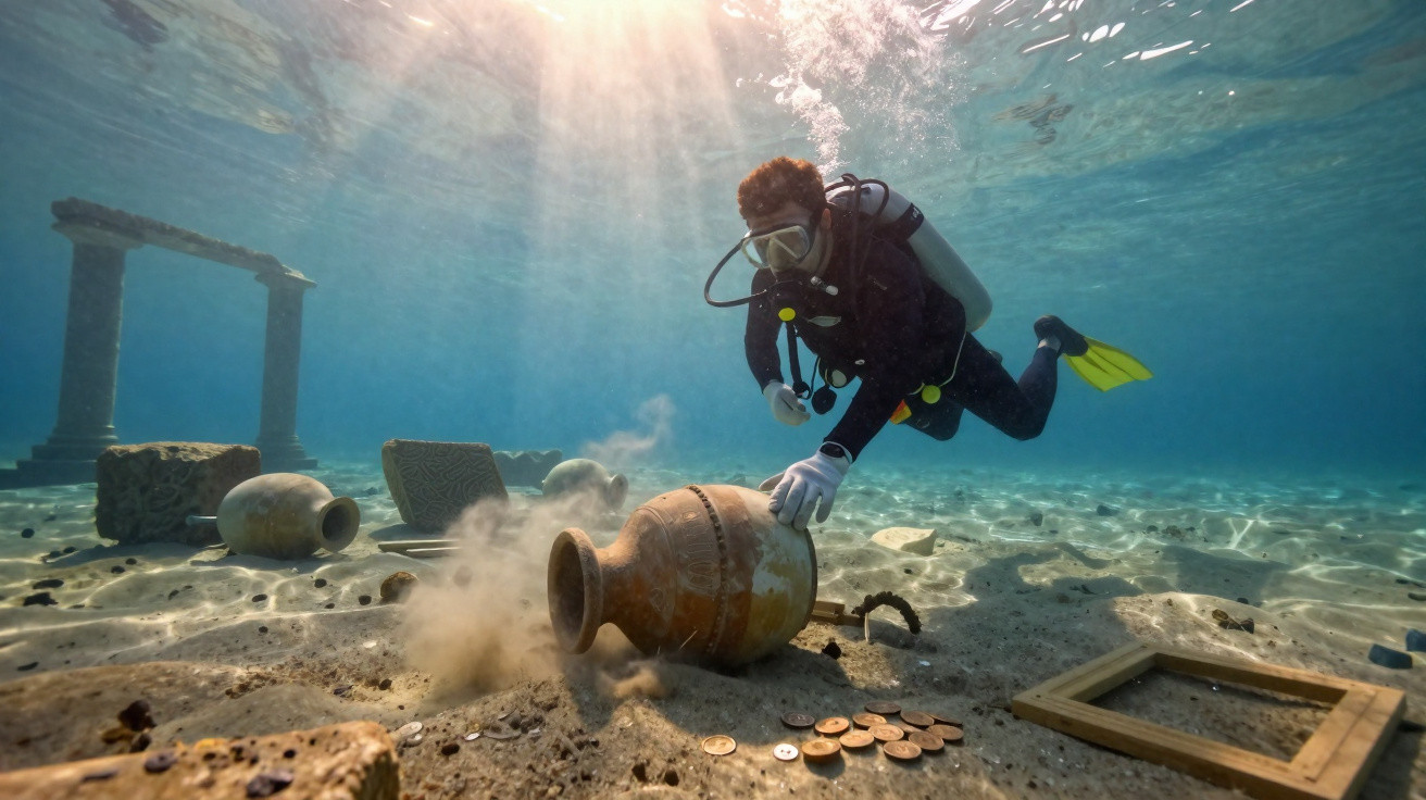 Mergulhador explorando ruínas submersas e jarro antigo no fundo do mar com moedas espalhadas ao redor.
