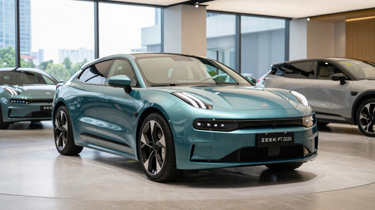 Carro elétrico azul ZEEK PT2026 em exibição moderna em showroom com grandes janelas e outros veículos ao fundo.