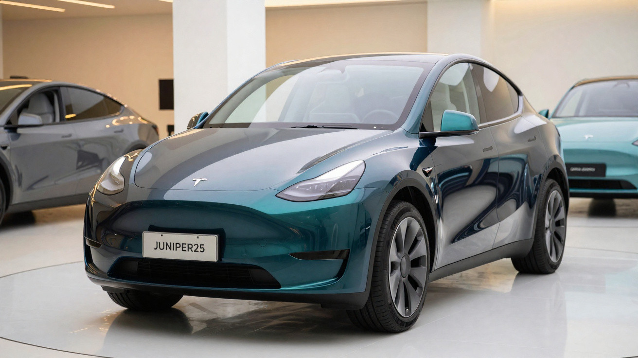 Carro elétrico Tesla Model Y azul exibido em showroom com outros veículos ao fundo.