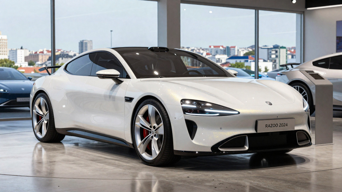Carro esportivo branco modelo 2024 estacionado em showroom com grandes janelas ao fundo.