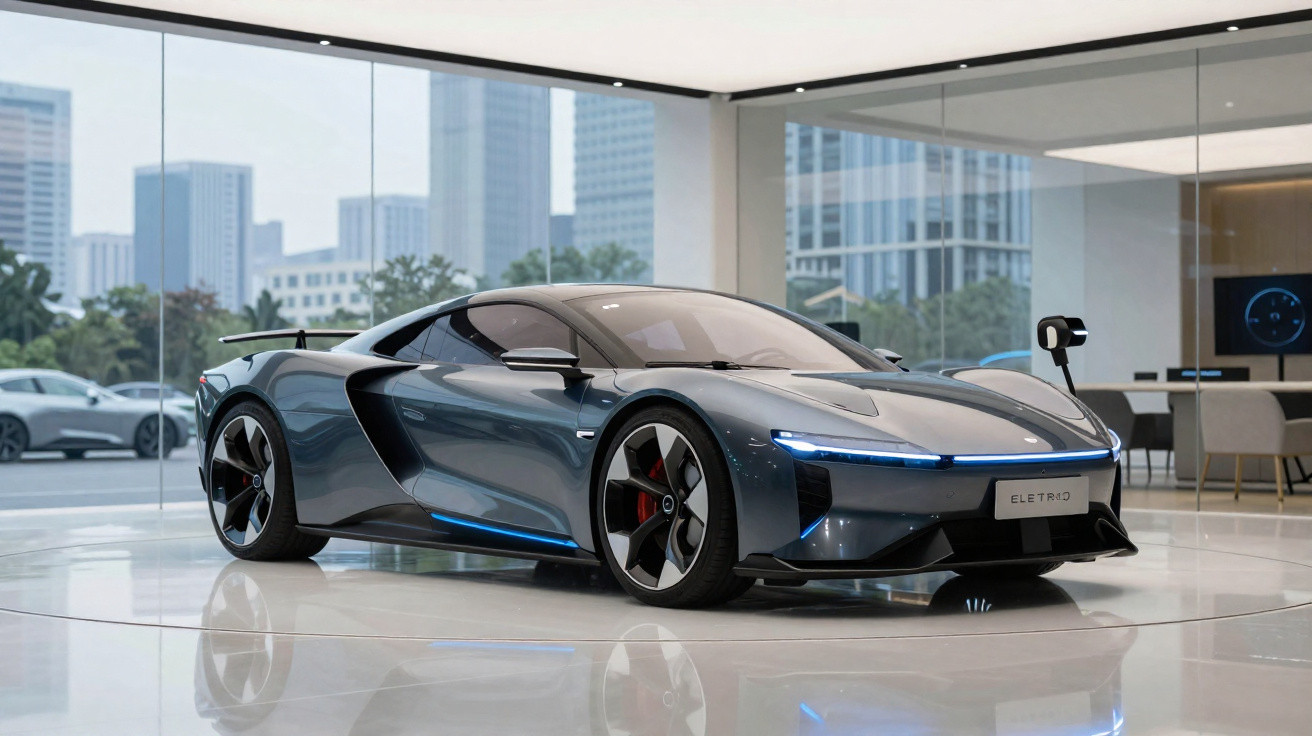 Carro esportivo elétrico azul metálico em showroom moderno com cidade ao fundo através de vidro.