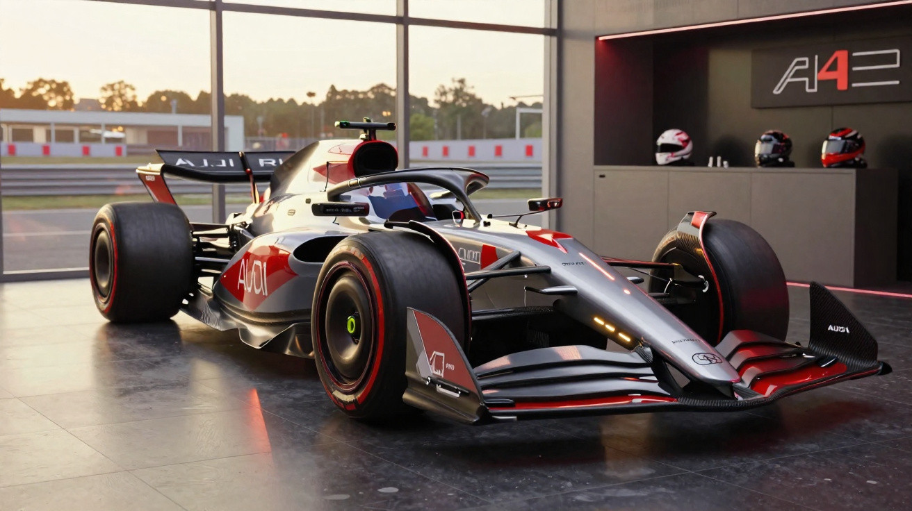 Carro de corrida Audi de Fórmula 1 exibido em garagem com capacetes ao fundo e luz natural.