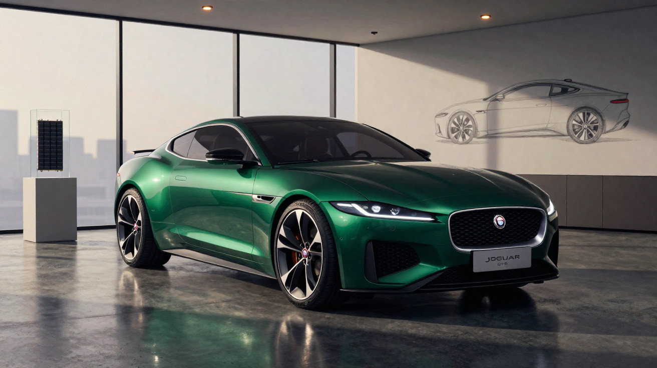 Carro esportivo verde Jaguar GT em garagem moderna com grandes janelas e desenho na parede.
