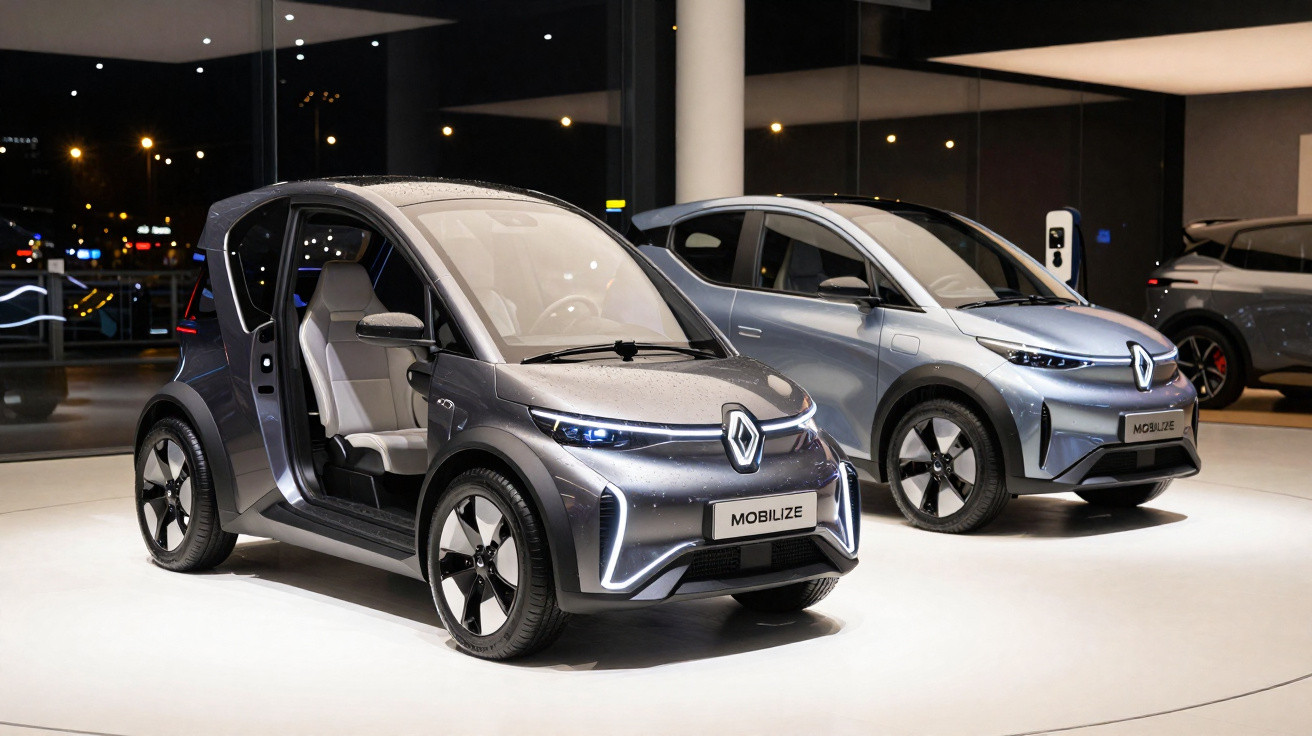 Dois carros elétricos Renault Mobilize expostos em ambiente interno com iluminação destacando design moderno.