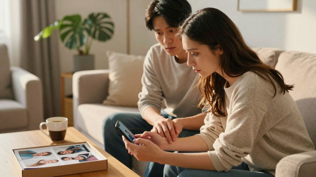 Casal sentado no sofá olhando telefone com expressão séria; porta-retratos e xícara na mesa.