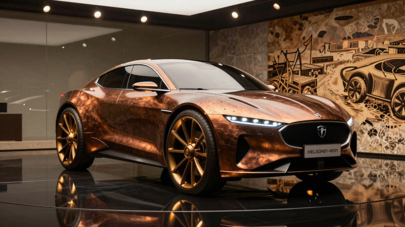 Carro esportivo futurista cobre metálico exibido em vitrine com rodas douradas e iluminação interna elegante.