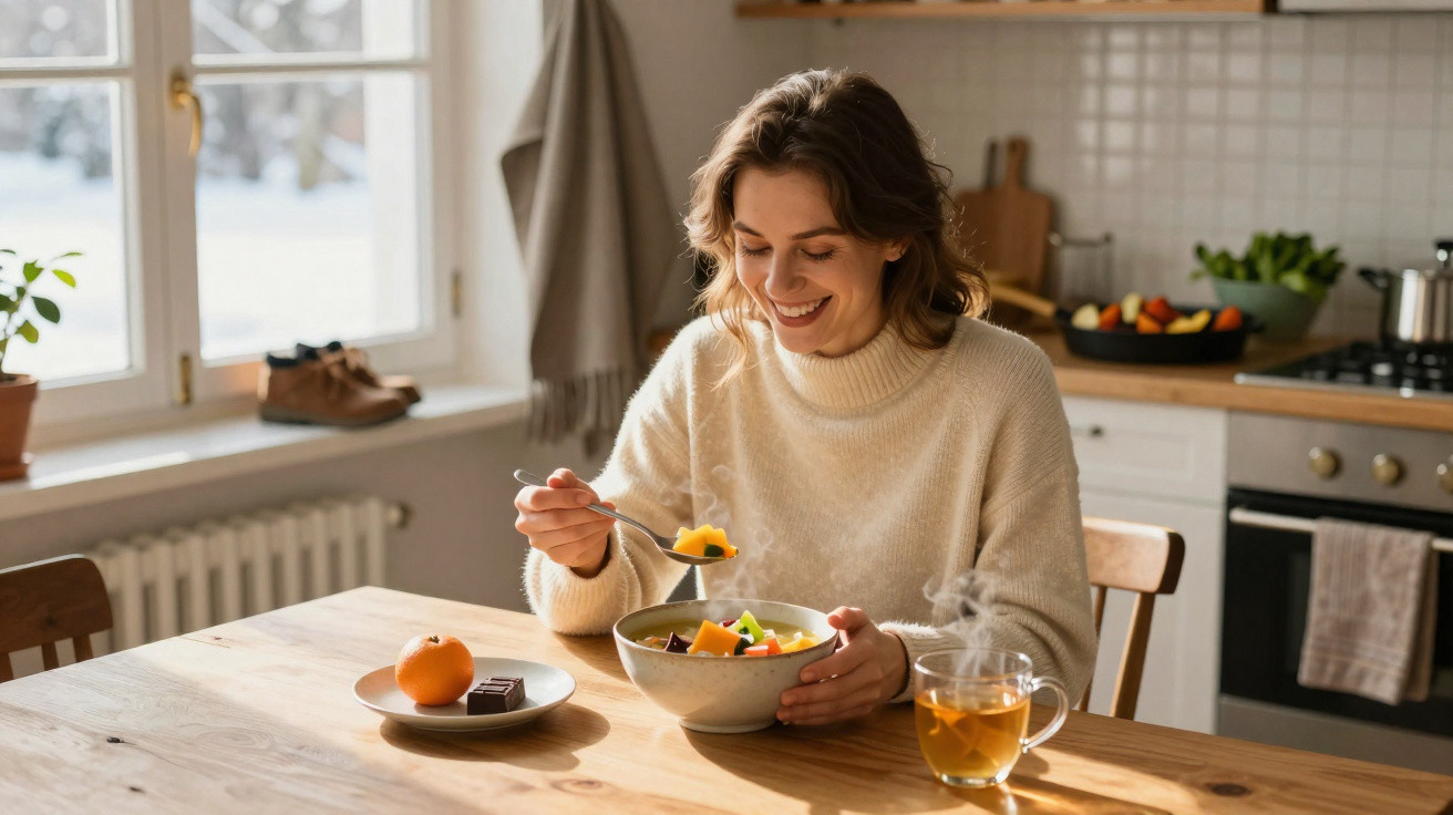 Mulher sorrindo tomando café da manhã com frutas em bowl, chá quente e chocolate na cozinha iluminada.