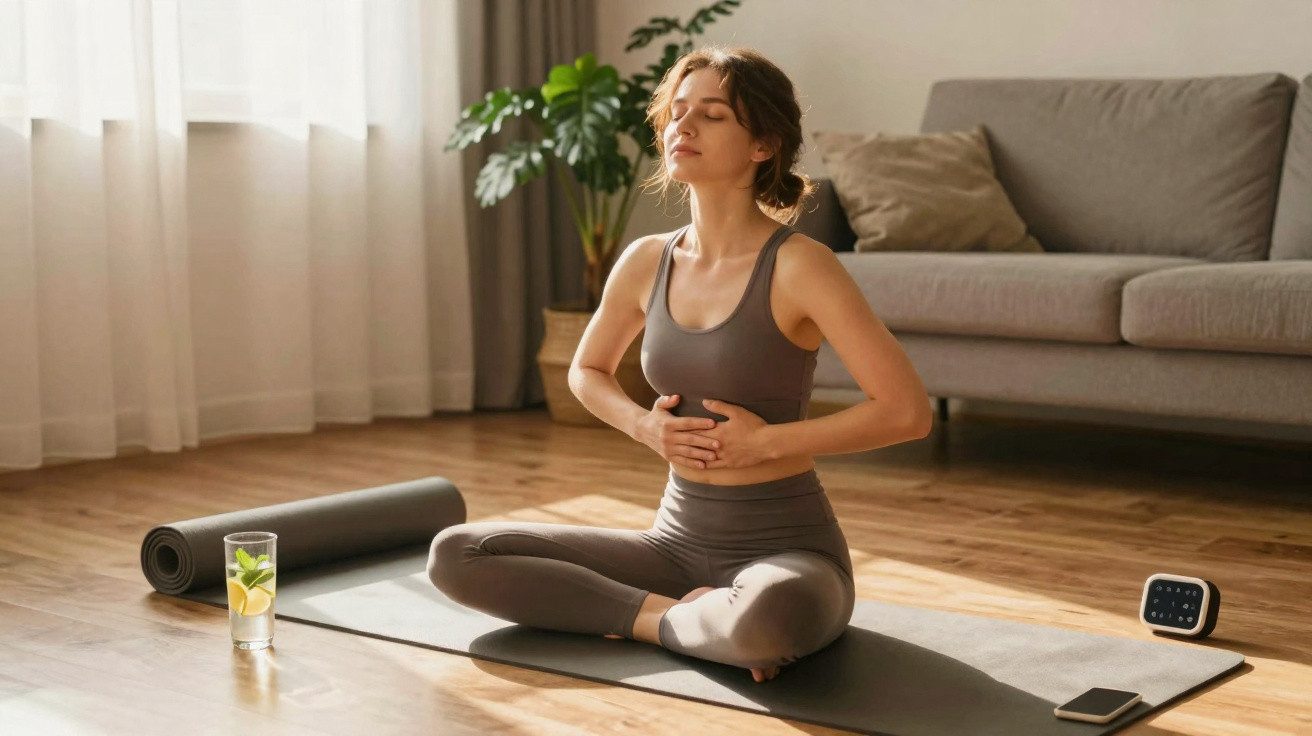 Mulher sentada em posição de meditação em tapete de yoga, com olhos fechados e mãos no abdômen.