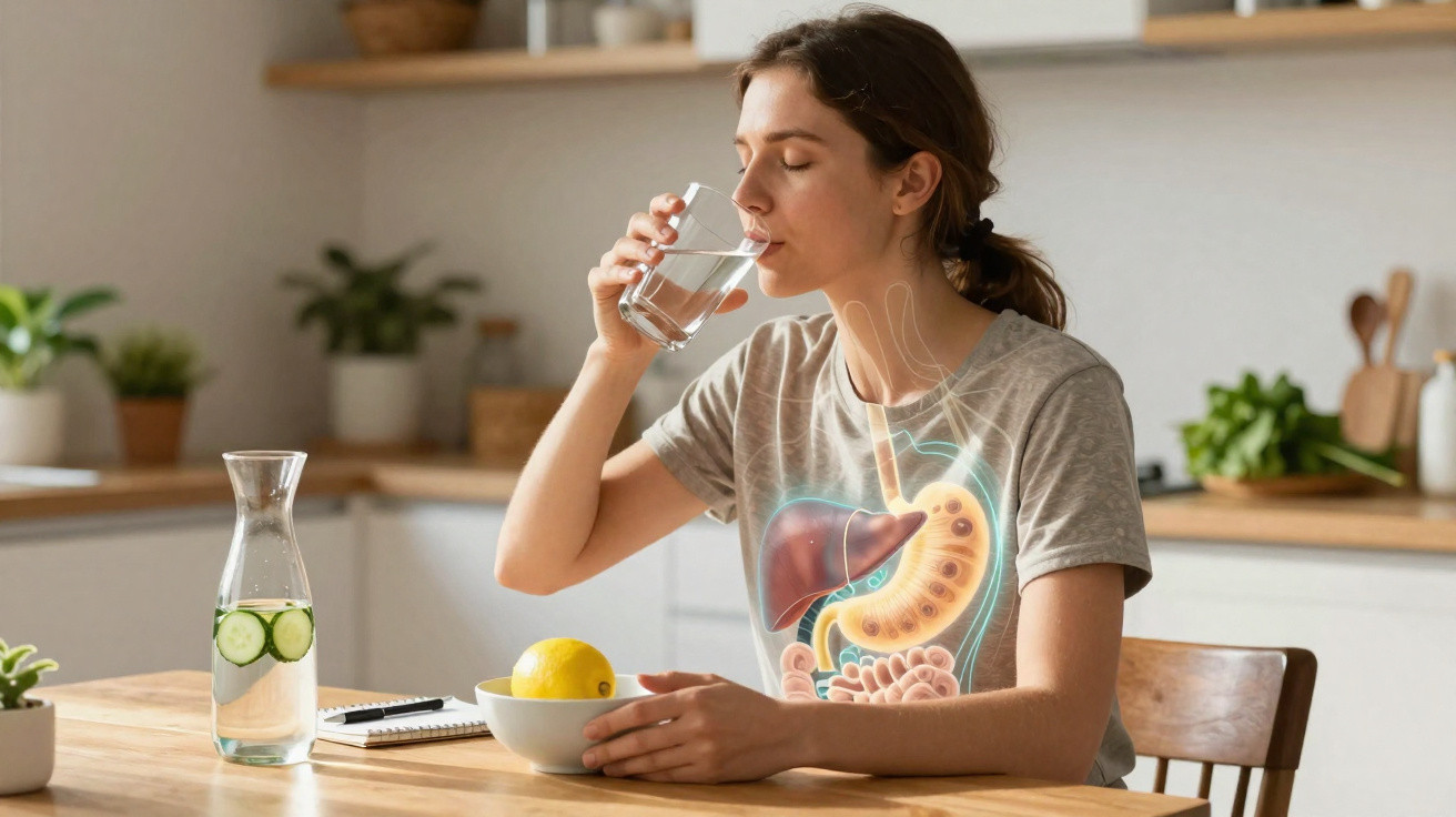 Mulher bebendo água em cozinha com destaque ilustrado do sistema digestivo no corpo.