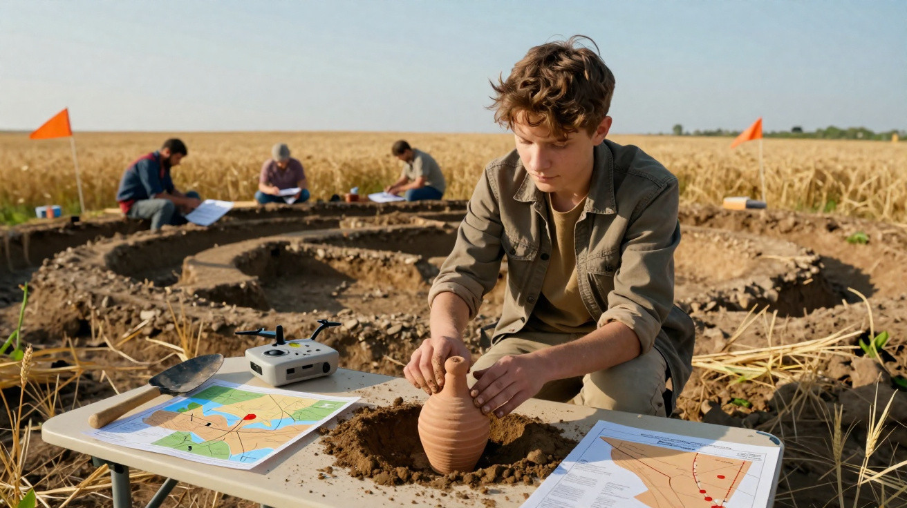 Jovem arqueólogo manuseia vaso de cerâmica em escavação arqueológica em campo aberto com mapas e equipe ao fundo.