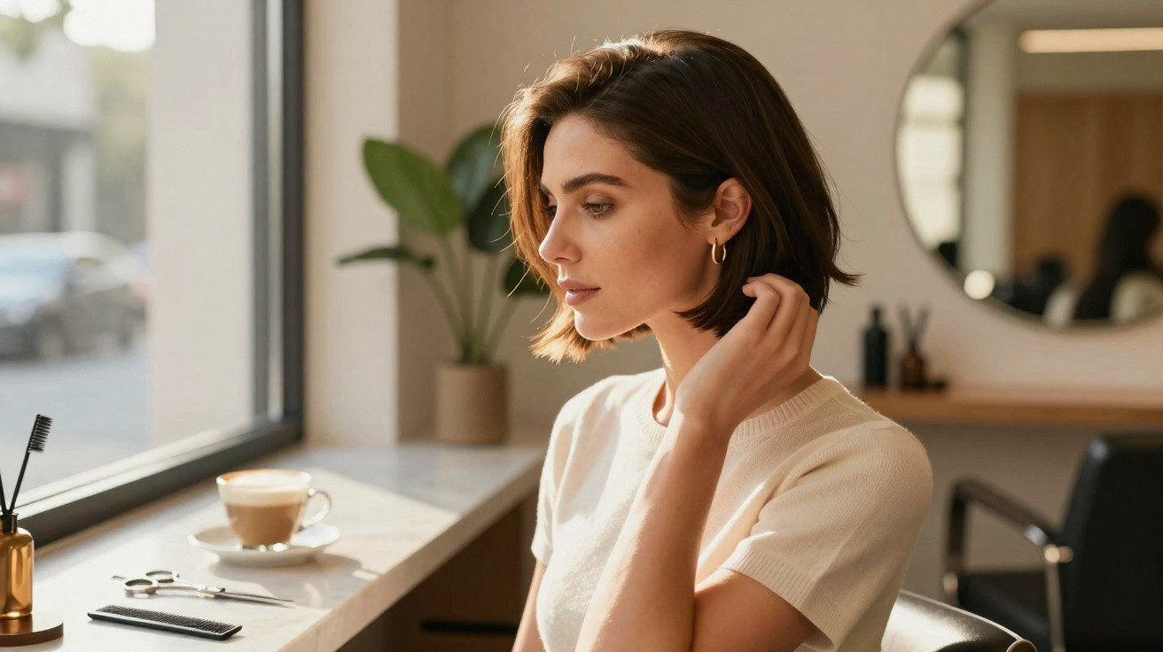 Mulher com cabelo curto e blusa clara sentada próxima à janela em ambiente iluminado e calmo.